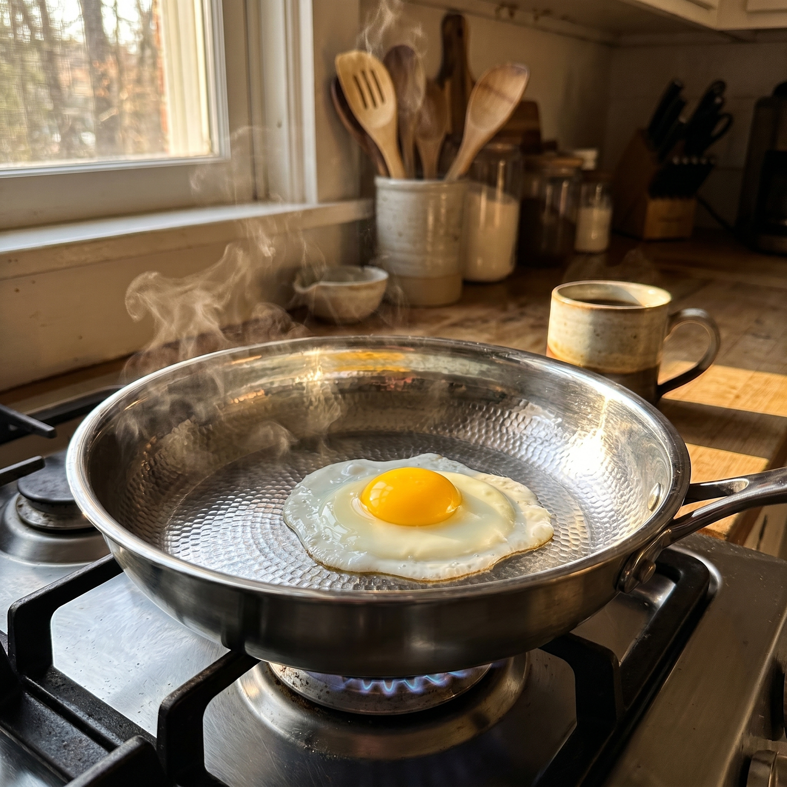 Food cooking in a titanium pan
